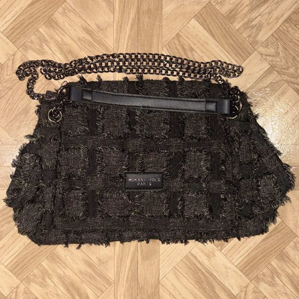 Mokani Yole Paris 7 x10 Frayed Checkered Chain Strap Snap Shoulder Handbag Purse